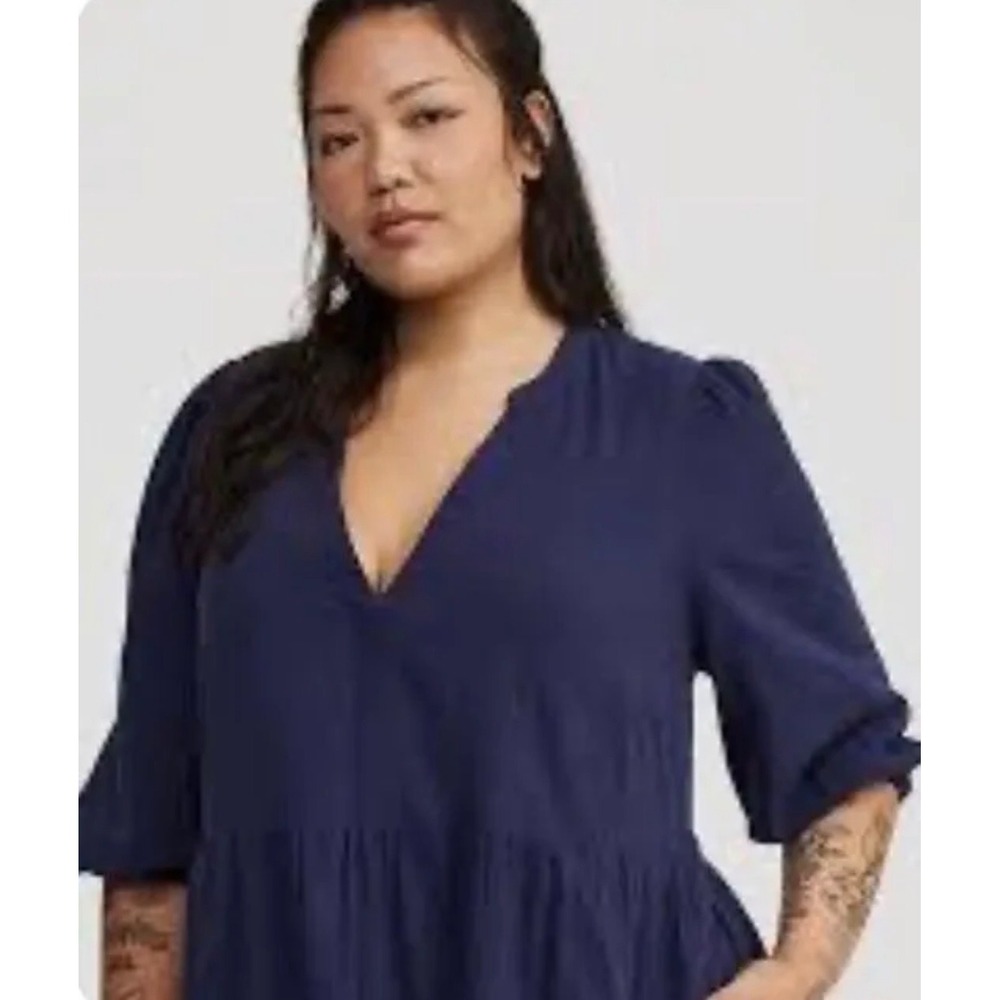 Torrid Navy Blue Gauze Tiered Mini Dress V-Neck Puff Sleeve Plus Size 00 M/L